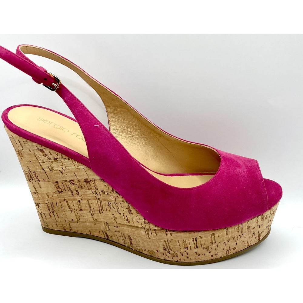 Sergio Rossi Women's Size EU 38 Pink‎ Suede Open Toe Wedge Sandals NWB